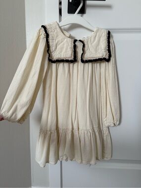 Zara girls cream Ruffle Collar Long Sleeve Dress with Black Trim